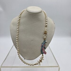 Vintage Faux Pearl Necklace w/ Mother of Pearl Parrot Pendant Gold Tone Clasp